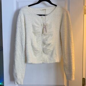 Mystree Cream Fuzzy Button-Up Cardigan
